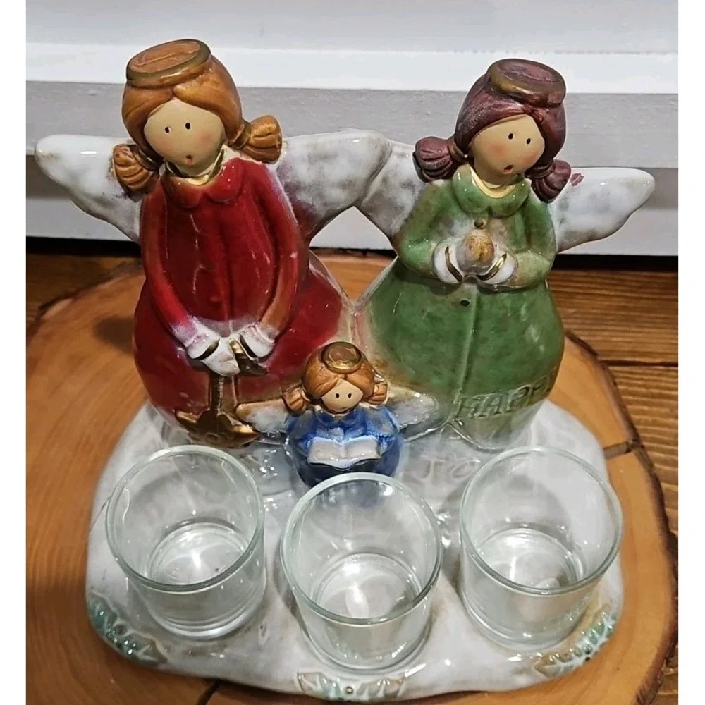 Vintage Kirklands Ceramic Angel Triple Votive Candle Holder Figure Christmas Joy